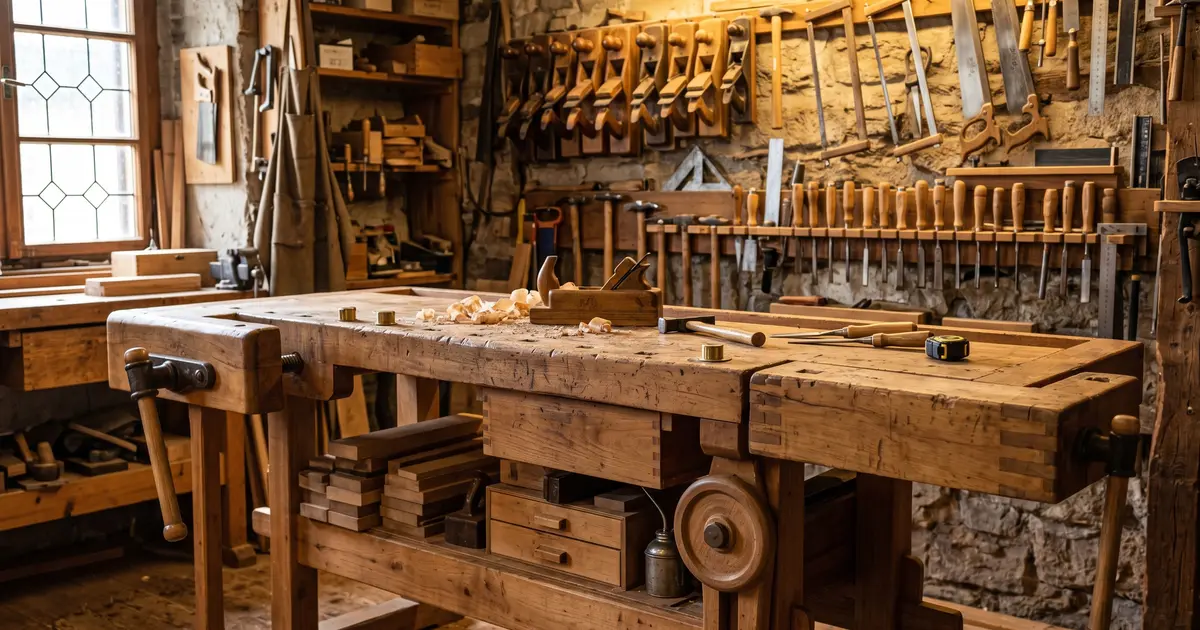 Hobelbank mit Werkzeugwand – Handwerkzeug in professioneller Holzwerkstatt