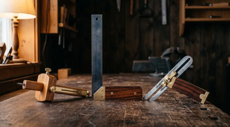 Streichmaß, Winkel und Schmiege aus Palisander und Messing – Holzwerkzeug Ankauf