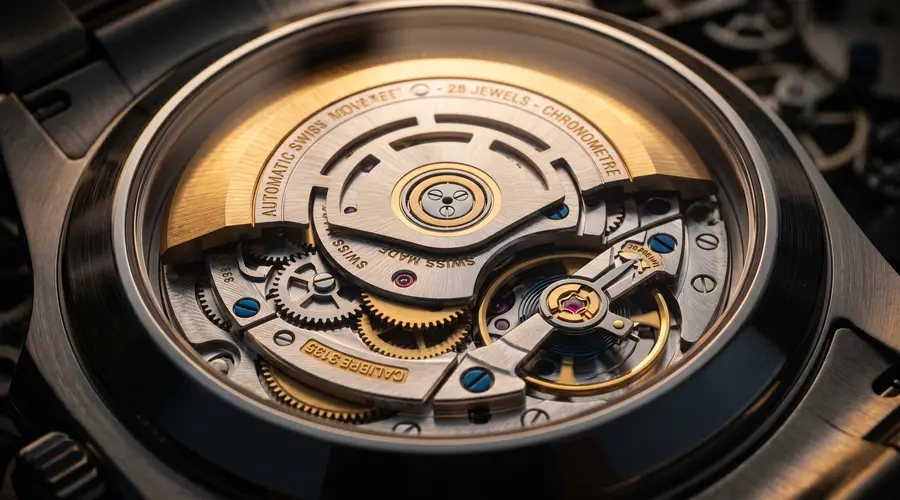 Automatikwerk einer Schweizer Armbanduhr – Makroaufnahme Rotor und Brücken